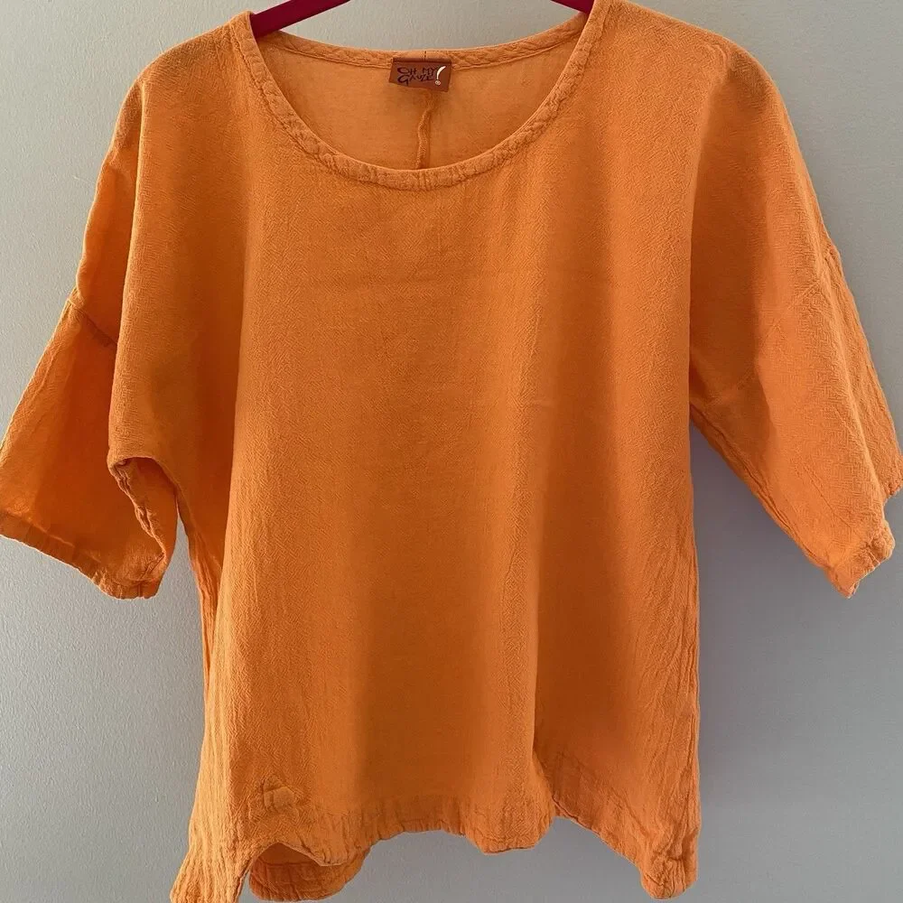 Oh My Gauze! Scallop Cotton Gauze Blouse Lagenlook Short Sleeve Size 1 - Picture 2 of 11